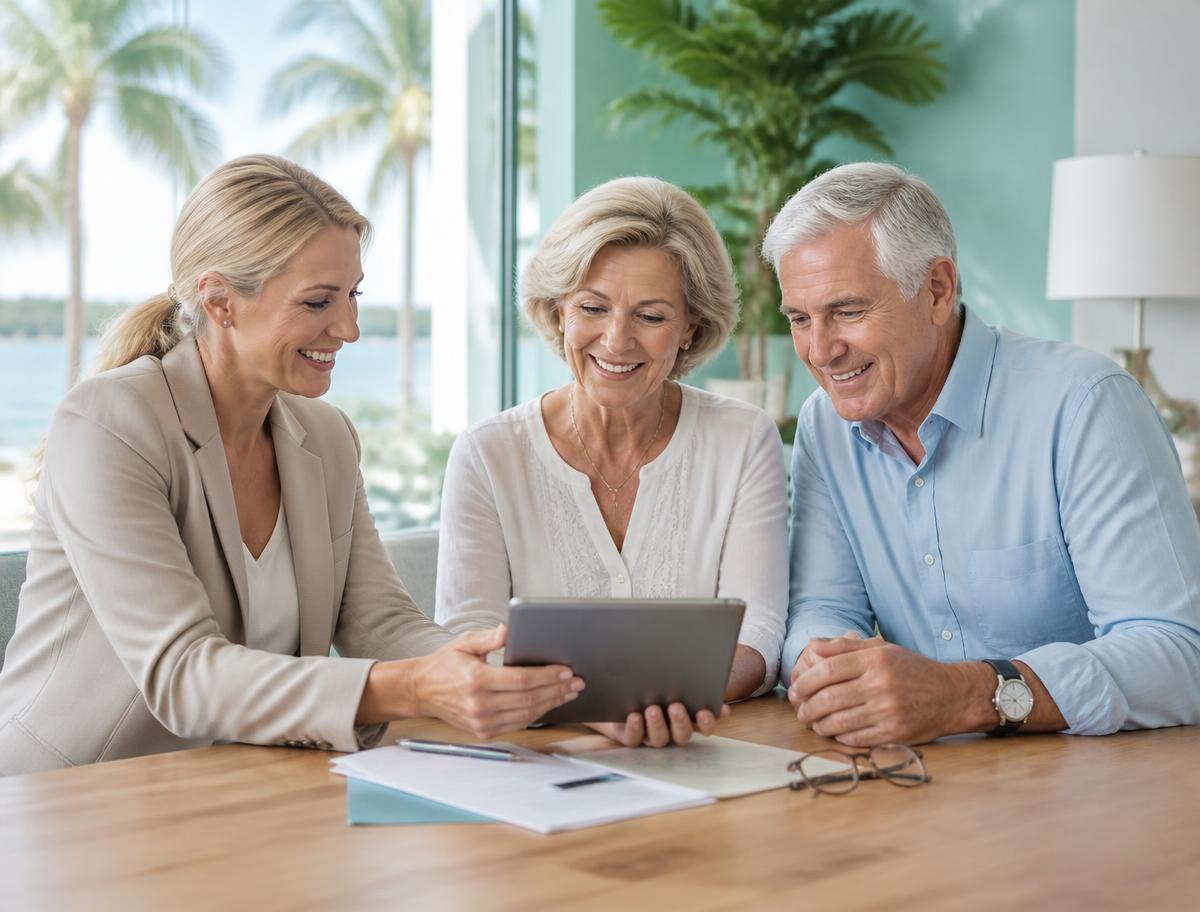 A Jacksonville Medicare advisor going over plan paperwork with a retired couple at their kitchen table